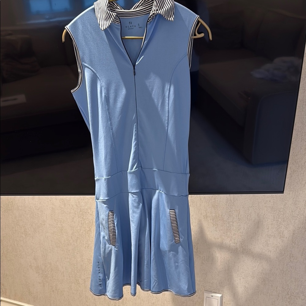 OLAY Blue and White Pleated A-Line Dress Polo Collar